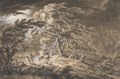 De Bliksemschicht, Reizigers in een Onweersbui op een Bosweg door George Barret