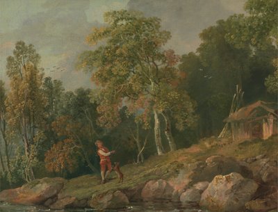 Boslandschap met een Jongen en zijn Hond door George Barret