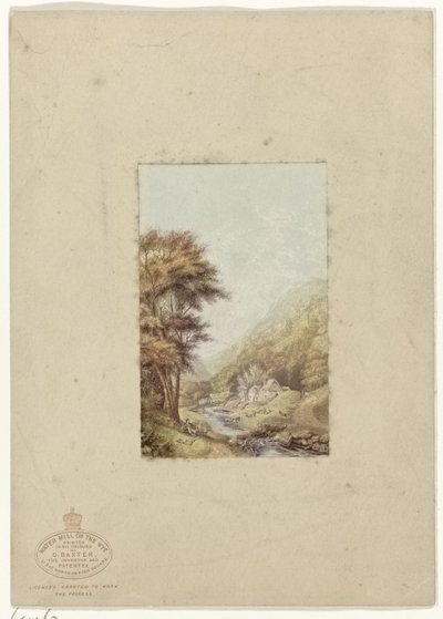 Heuvelachtig landschap met beekje door George Baxter