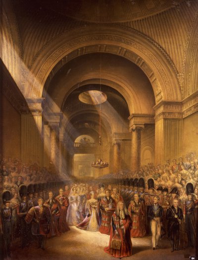 De aankomst van Hare Majesteit Koningin Victoria bij het House of Lords om haar eerste parlement te openen door George Baxter