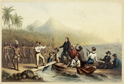 De ontvangst van de eerwaarde J. Williams, op Tanna in de Zuidzee, de dag voordat hij werd vermoord door George Baxter