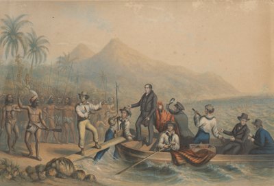De ontvangst van de eerwaarde J. Williams op Tanna in de Zuidzee, de dag voordat hij werd vermoord door George Baxter