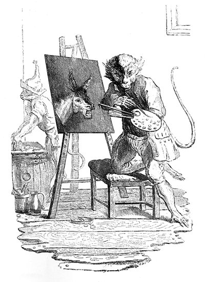 Een aap schildert een ezel, 1753 door George Bickham