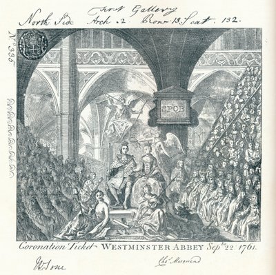 Gegraveerd ticket voor de kroningsceremonie van George III in Westminster Abbey 1761, 1906 door George Bickham