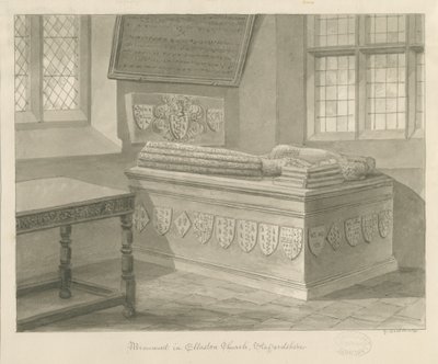 Ellastone Kerk - Monument voor Sir John Fleetwood: sepia tekening door George Buckler