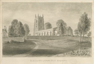 Ellastone Kerk: sepia tekening door George Buckler