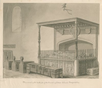 Stowe Kerk - Tafelgraf: sepia tekening door George Buckler