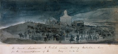 De Franse, Sardijnse en Turkse legers verlaten de Balaklava-linies voor een verkenning, circa 1854 door George Cadogan