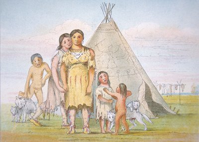 Een Comanche familie buiten hun tipi door George Catlin