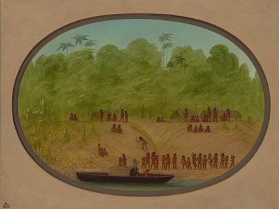 Een Omagua-dorp - Bootschets door George Catlin