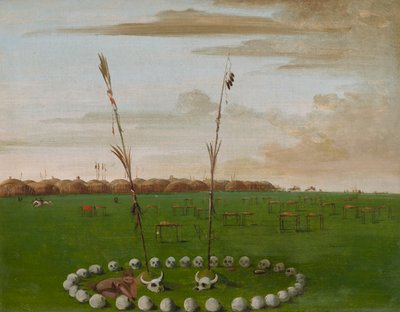 Achteraanzicht van Mandan Village, met de begraafplaats, 1832 door George Catlin