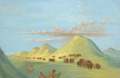Batiste, Bogard en ik naderen buffels aan de Missouri door George Catlin
