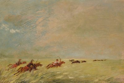 Bogard, Batiste en ik jagen op buffels in hoog gras op een bodem in Missouri door George Catlin