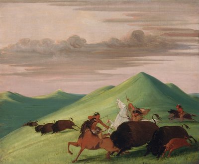 Buffalo Chase, stier beschermt koe en kalf door George Catlin