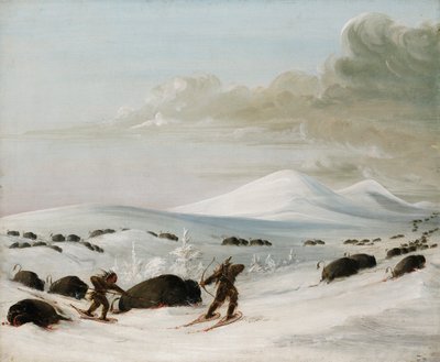 Buffeljacht in sneeuwjacht, Indianen achtervolgen op sneeuwschoenen door George Catlin