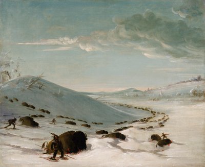 Buffeljacht in de winter, Indianen op sneeuwschoenen door George Catlin