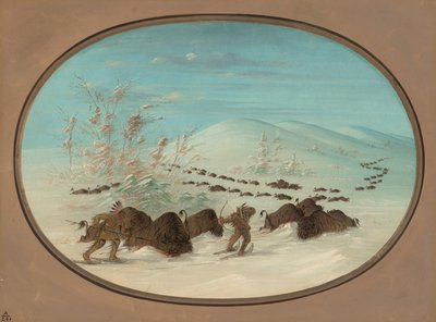Buffeljacht in de sneeuwdriften - Ojibbeway door George Catlin