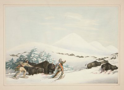 Buffeljacht, op sneeuwschoenen, pl. 15 uit de North American Indian Portfolio door George Catlin