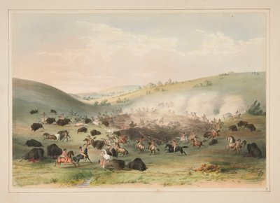 Buffalojacht, omcirkeling, pl. 9 uit de North American Indian Portfolio door George Catlin