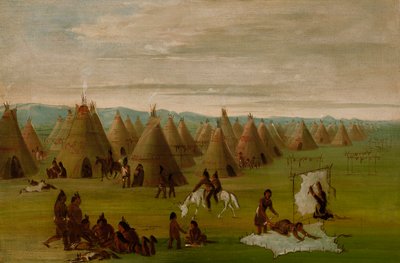 Comanche-dorp, vrouwen kleden jurken aan en drogen vlees door George Catlin