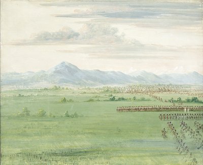 Comanche krijgers, met witte vlag, ontvangen de dragonders door George Catlin