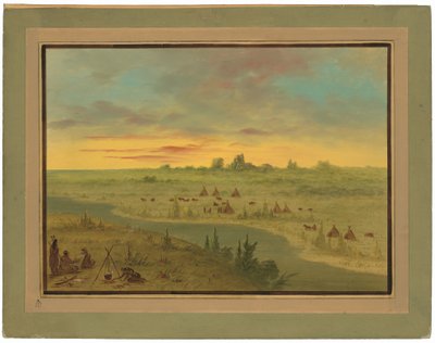 Kampement van Pawnee Indianen bij Zonsondergang door George Catlin