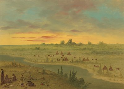 Kampement van Pawnee Indianen bij zonsondergang door George Catlin