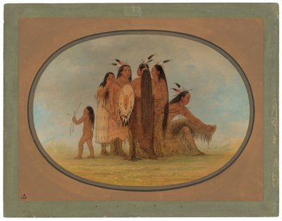 Vier Mandan krijgers, een meisje en een jongen door George Catlin
