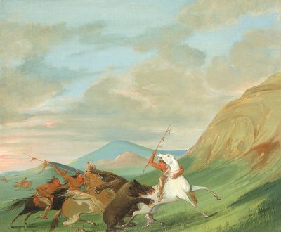 Grizzlyberen vallen Indianen te paard aan door George Catlin