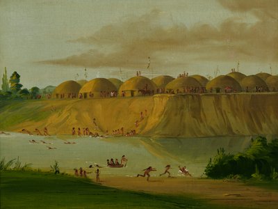Hidatsa-dorp, met aarde bedekte lodges, aan de Knife River, 1810 mijl boven St. Louis door George Catlin