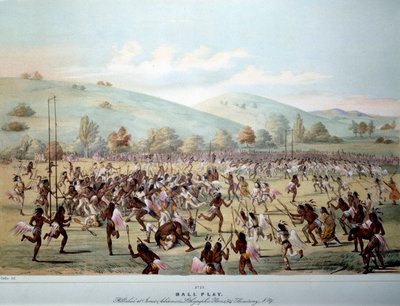 Indiaan van Amerika: een balspel in een stam van Roodhuiden. Prent door George Catlin (1794-1872) 19e eeuw Privécollectie door George Catlin