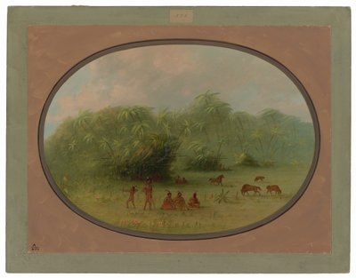 Indianen en paarden in het bos door George Catlin