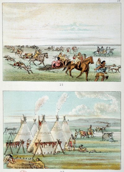 Indianen van Amerika: (boven) stam die met huiden voor verkoop verhuist. (onder) stam van 500 tot 600 tipi