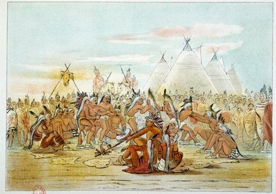 Indianen van Amerika: Assiniboin stam die lijkt op Sioux dansen pijpdans. Illustratie door George Catlin door George Catlin