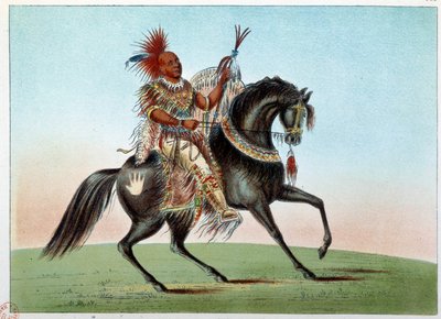 Indianen van Amerika: Ruiterportret van een Indiaanse opperhoofd van de stam van Saxen en Foxen. Illustratie door George Catlin door George Catlin
