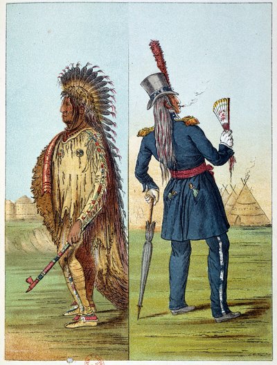 Indianen van Amerika: Indian Assiniboin gekleed in militair uniform met in zijn zakken twee flessen whisky. Illustratie door George Catlin (1794-1872) door George Catlin