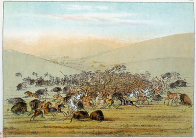 Indianen van Amerika: Indianen van de Miniatarees die buffels jagen met speren. Illustratie door George Catlin (1794-1872) door George Catlin