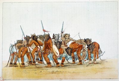 Indianen van Amerika: Bijeenkomst van Mandans krijgers met hun trofee van buffelhoofd op hun hoofd. Illustratie door George Catlin door George Catlin