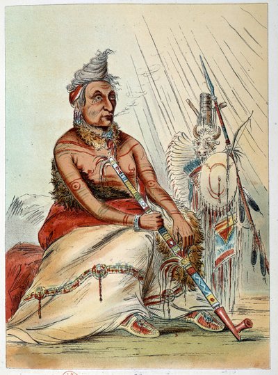 Indianen van Amerika: Portret van een oude Indiaanse chef die zijn pijp rookt, genaamd De Zwarte Mocassin. Illustratie door George Catlin (1794-1872) door George Catlin