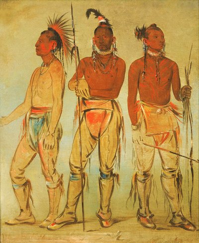 Mun-ne-pús-kee, Hij die niet bang is, Ko-ha-túnk-a, Grote Kraai, en Nah-cóm-ee-shee..., 1834 door George Catlin