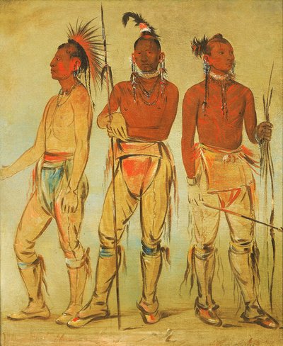 Mun-ne-pús-kee, Hij die niet bang is; Ko-ha-túnk-a, Grote Kraai; en Nah-cóm-ee-shee, Man van het Bed, Drie jonge krijgers door George Catlin