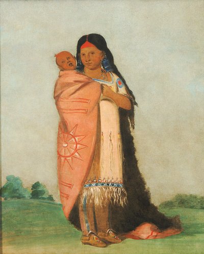 Tsee-moúnt, groot wonder, draagt haar baby in haar mantel door George Catlin