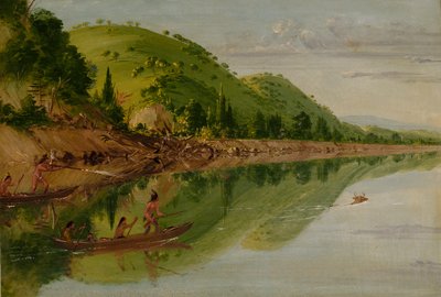 Uitzicht op de Sint-Pietersrivier, Sioux-indianen achtervolgen een hert in hun kano