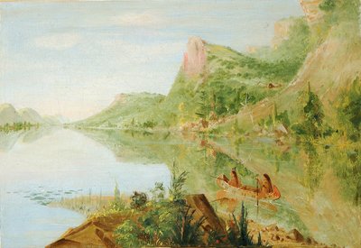 Uitzicht op de Wisconsin rivier, Winnebago schietende eenden door George Catlin