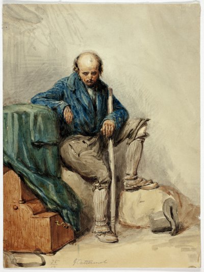 Kale man zittend op bezittingen (recto); dame in gele jurk (verso) door George Cattermole