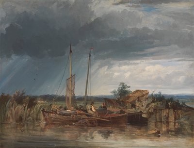 Twee vissersboten aan de oevers van binnenwateren door George Chambers
