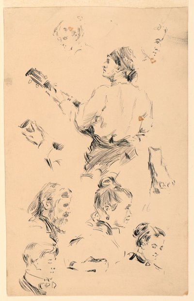 Schetsen van hoofden, een hand, een voet en een muzikant door George Charles Aid