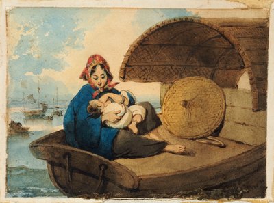 Een Tanka Vrouw met haar Kind op een Boot door George Chinnery