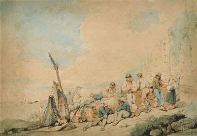 Kustscène met Figuren bij een muur door George Chinnery