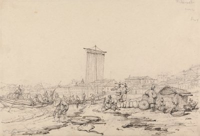 Kustscène met vissers en gebouwen, Macao door George Chinnery
